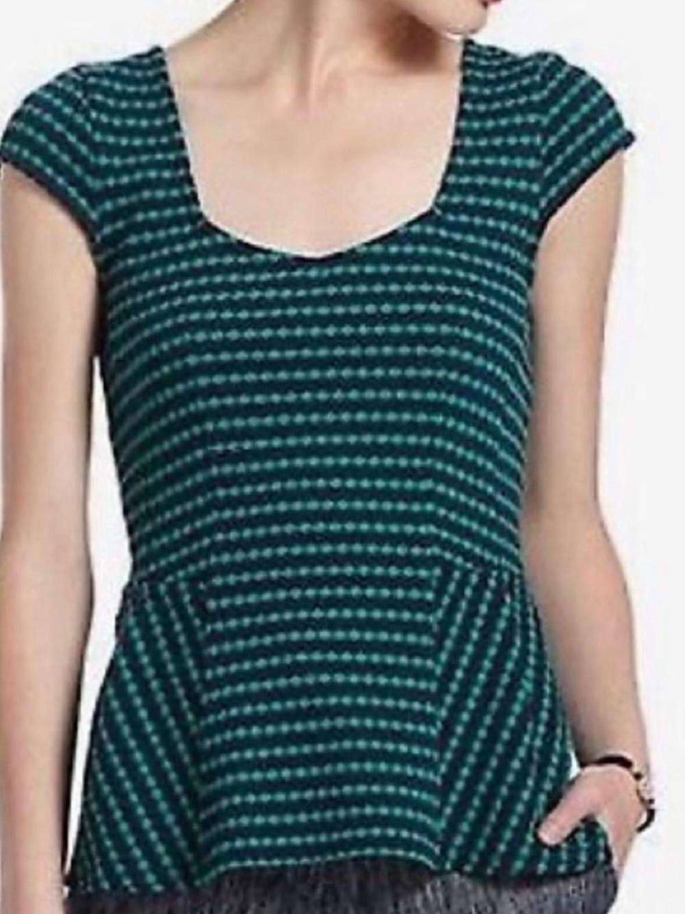 Anthropologie Teal & Navy Striped Cap-Sleeve Peplum Top